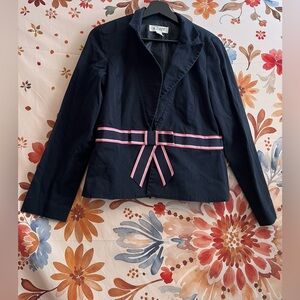 Y2K Clues Womens 6 Dark Blue Pink Bow Accent Snap Workwear Blazer Jacket Preppy